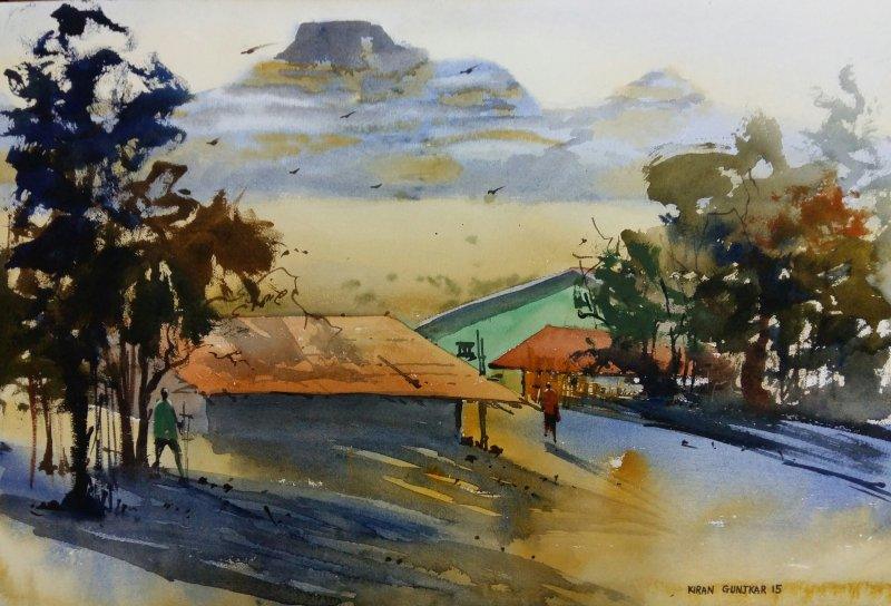 Landscape watercolor painting titled 'Morning Light', 15x22 inches, by artist Kiran Gunjkar on Handmade Paper