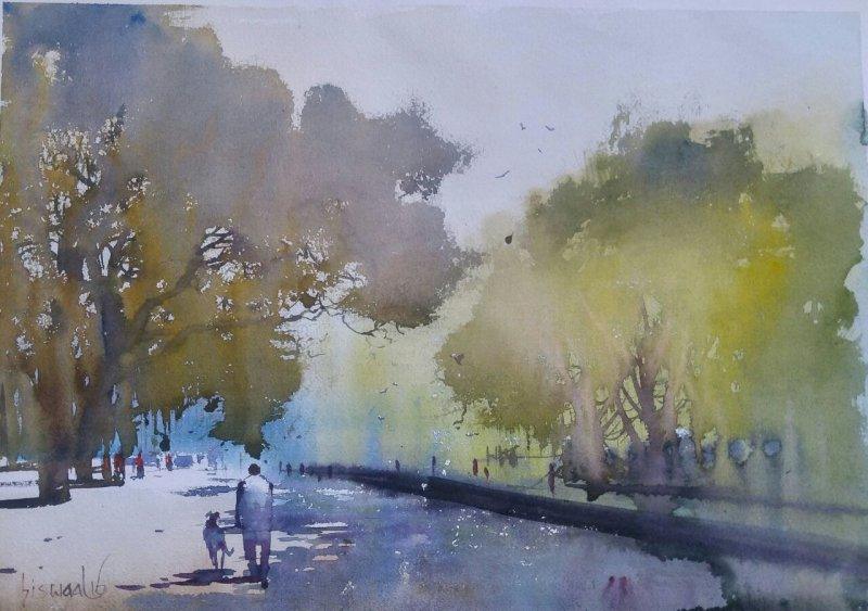 Cityscape watercolor painting titled 'Morning Walk', 14x19 inches, by artist Bijay Biswaal on Paper