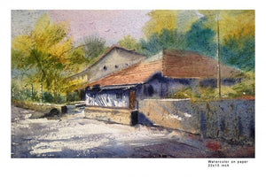 Morning Light (Rustic Charm: Homes in the Countryside) by Sourabh Nema, Original Watercolor Landscape Painting on Handmade Paper, Small Horizontal Wall Art