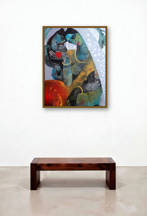 Mother And Child (Nurturing Embrace) by artist Appam Raghavendra displayed in a Contemporary Luxury Bedroom