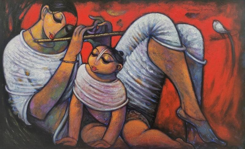 Religious acrylic painting titled 'Mother And Child', 36x48 inches, by artist Ramesh Gujar on Canvas