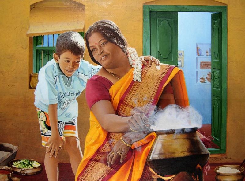 Figurative acrylic painting titled 'Mother And Child', 24x31 inches, by artist Sakthivel Ramalingam on Canvas