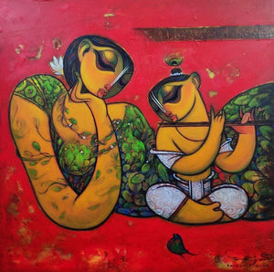 Religious acrylic painting titled 'Mother And Child', 36x36 inches, by artist Ramesh Gujar on Canvas