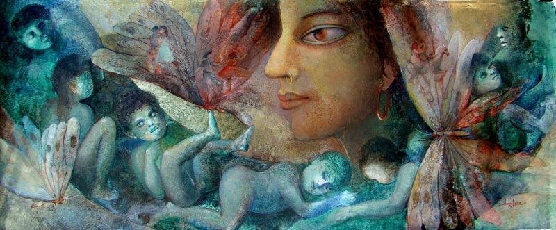 Figurative acrylic painting titled 'Mother And Child', 78x36 inches, by artist Arun Jana on Canvas