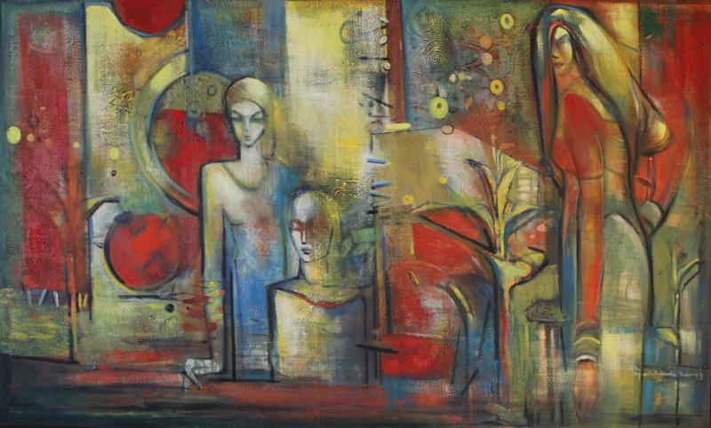 Figurative oil painting titled 'Mother And Child', 60x36 inches, by artist Pijush Kanti Bera on Canvas
