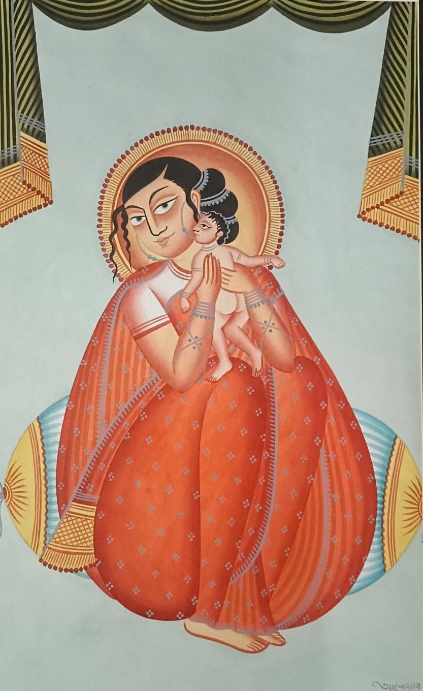Figurative kalighat traditional art titled 'Mother And Child', 20x14 inches, by artist Anwar Chitrakar on Paper