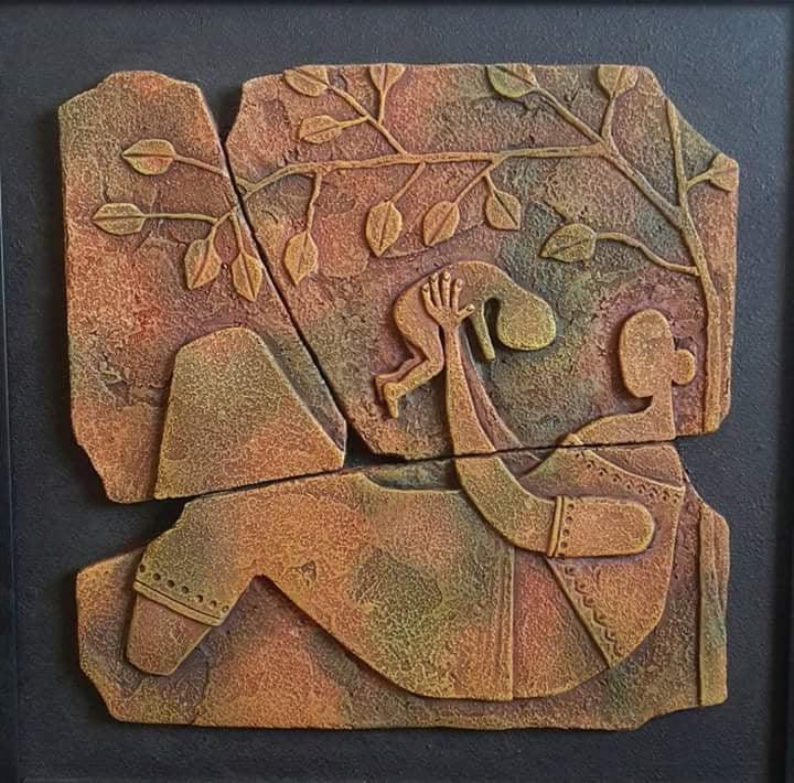 Figurative ceramic titled 'Mother And Child', 18x18 inches, by artist Shashikant Charbe on Ceramic On Board