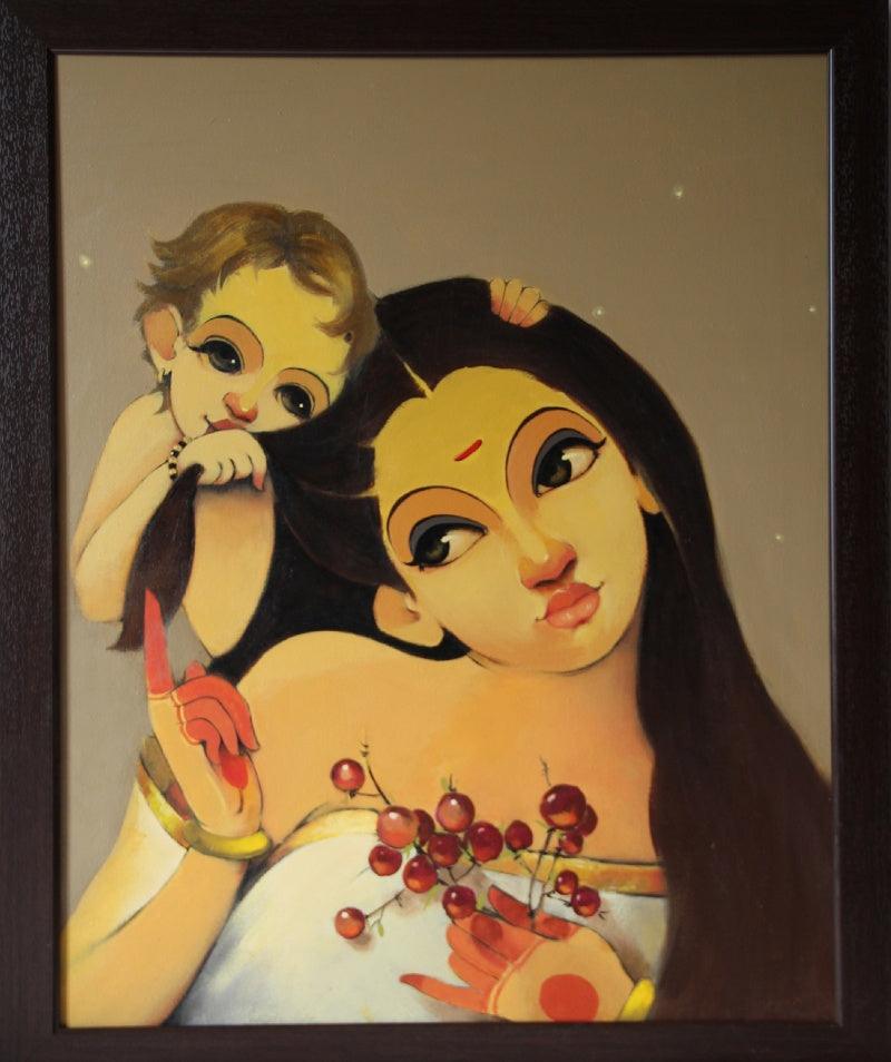 Figurative oil painting titled 'Mother And Child', 30x24 inches, by artist Renuka Fulsoundar on Canvas