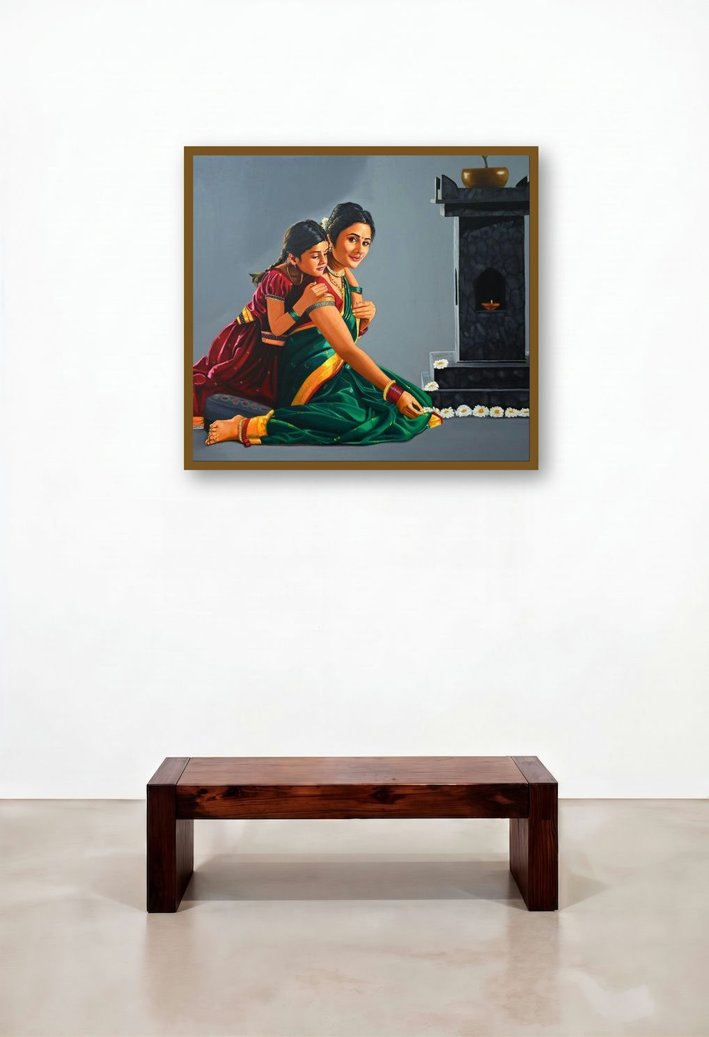 Mother And Child (The Red Turban) by artist Vinayak Takalkar displayed in a Minimalist Lounge