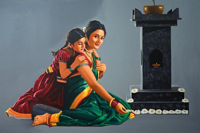 Figurative oil painting titled 'Mother And Child', 48x72 inches, by artist Vinayak Takalkar on Canvas