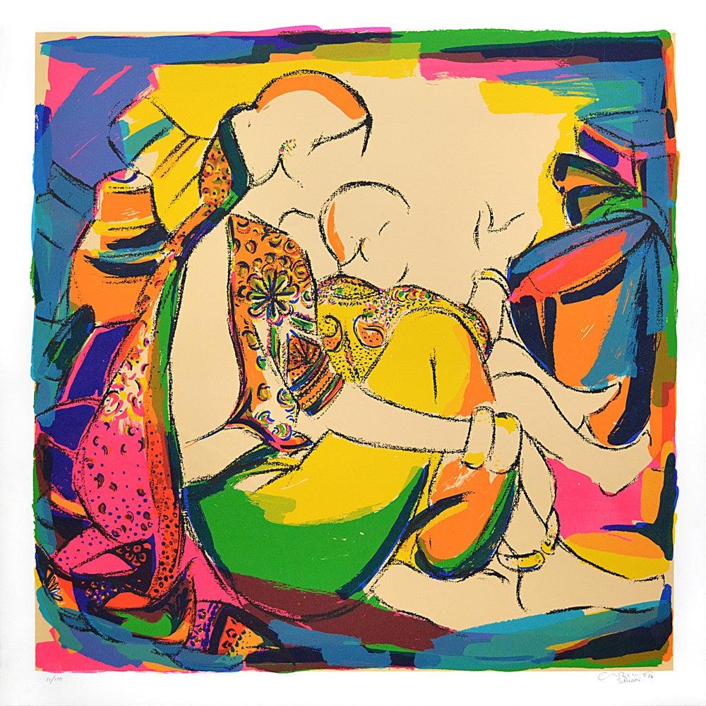 Figurative serigraphs painting titled 'Mother And Child', 40x40 inches, by artist Vrindavan Solanki on Paper