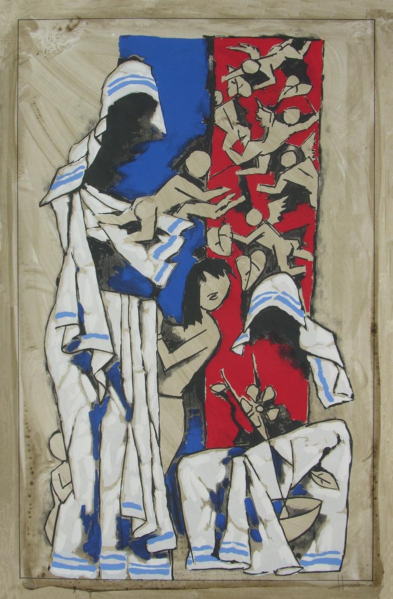 Figurative serigraphs painting titled 'Mother', 40x26 inches, by artist M. F. Husain on Paper