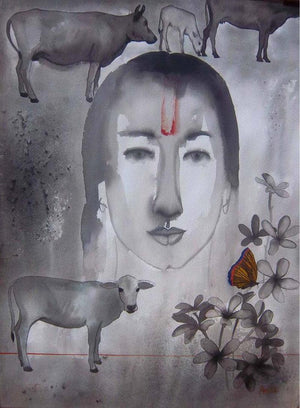 Figurative ink watercolor painting titled 'Mother', 30x22 inches, by artist Avi Roy on Arches Paper
