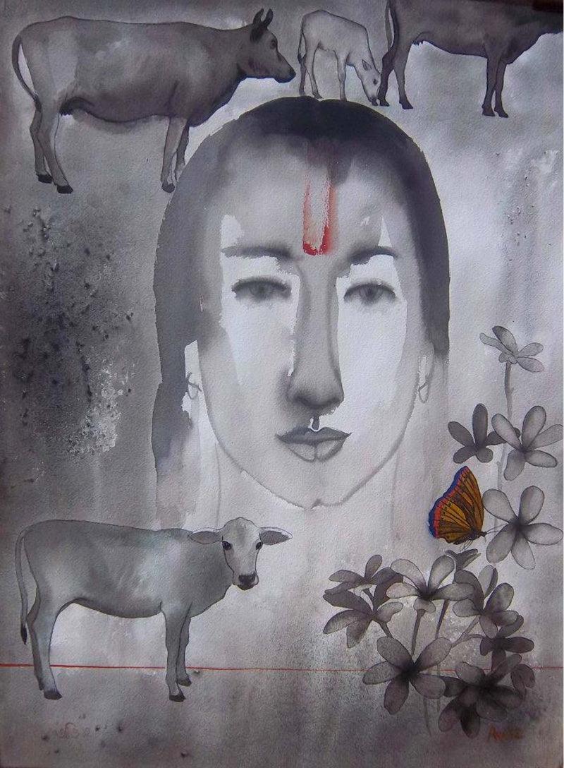 Figurative ink watercolor painting titled 'Mother', 30x22 inches, by artist Avi Roy on Arches Paper