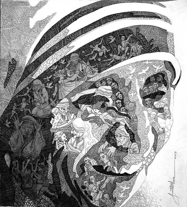 Figurative pen ink drawing titled 'Mother Teresa', 19x15 inches, by artist Amit Bhar on Paper