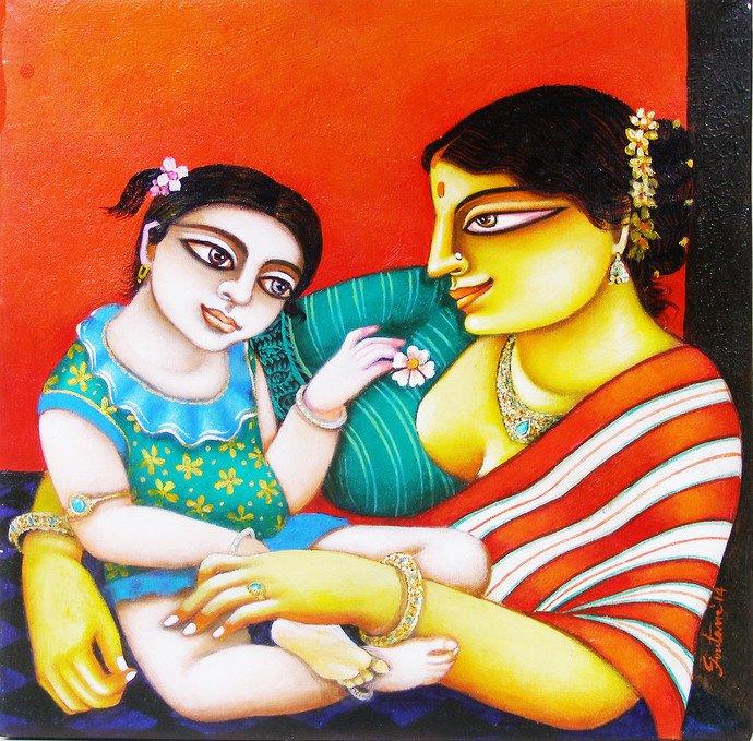 Figurative acrylic painting titled 'Mother and Child', 12x12 inches, by artist Gautam Mukherjee on Canvas