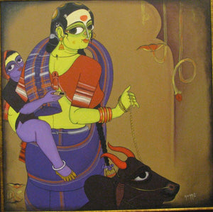 Figurative acrylic painting titled 'Mother and Child', 35x35 inches, by artist KV Kale on Canvas