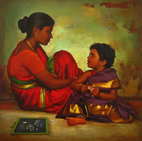 Figurative oil painting titled 'Mother and Daughter', 24x24 inches, by artist S Elayaraja on Canvas