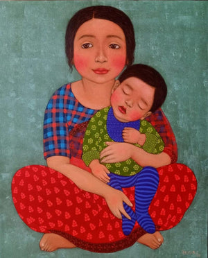 Figurative dry pastel painting titled 'Mother and child', 30x24 inches, by artist Meena Laishram on Canvas