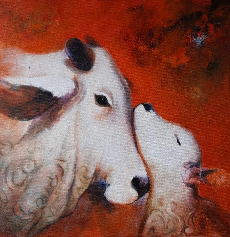 Animals acrylic painting titled 'Mother and child', 12x12 inches, by artist Swastik Jawalekar on Canvas