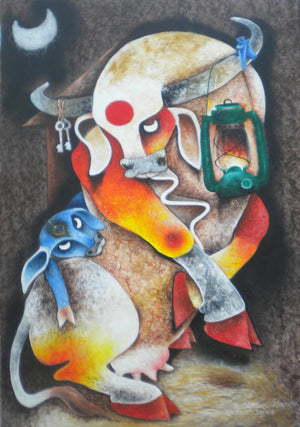 Mother And Child (Guardians of the Night) by Uttam Manna, Original Acrylic Animal Painting on Canvas, Medium Vertical Wall Art