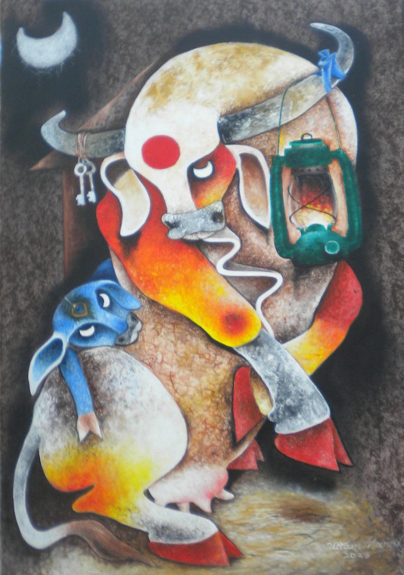 Animals acrylic painting titled 'Mother and child', 36x24 inches, by artist Uttam Manna on Canvas