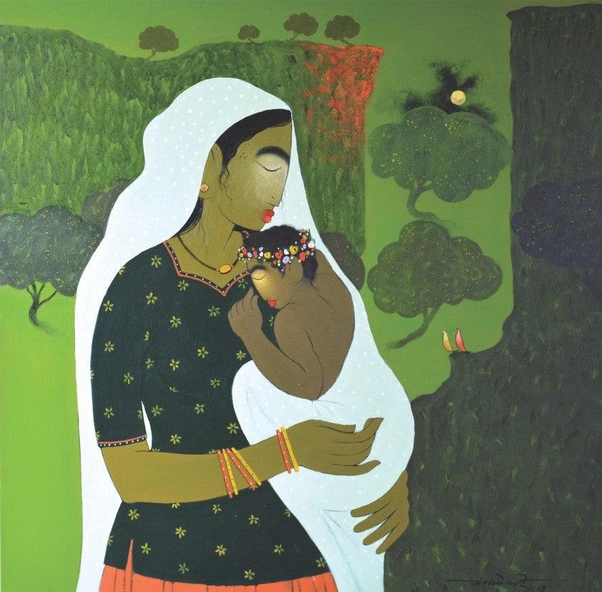 Figurative acrylic painting titled 'Motherhood', 36x36 inches, by artist Sanjay M Khochare on Canvas