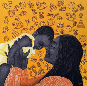 Figurative acrylic oil painting titled 'Motherhood', 36x36 inches, by artist Deepali S on Canvas