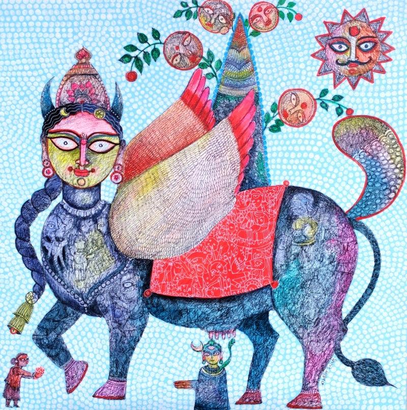 Religious mixed media painting titled 'Motherhood', 24x24 inches, by artist Joydeep Bhattachrjee on Canvas