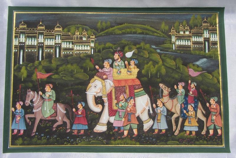 Figurative mughal traditional art titled 'Mughal King On Elephant With Army', 10x14 inches, by artist Unknown on Silk