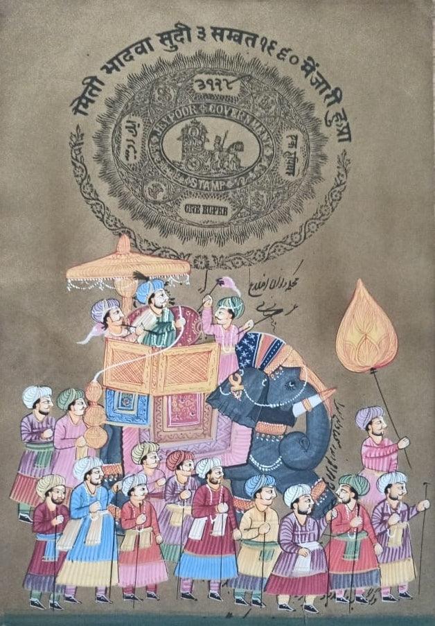 Figurative miniature traditional art titled 'Mughal Procession', 13x9 inches, by artist Pichwai Art on Paper