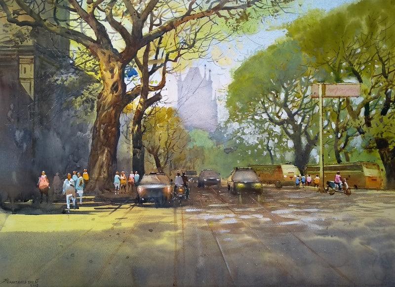 Cityscape watercolor painting titled 'Mumbai', 22x30 inches, by artist NanaSaheb Yeole on Paper