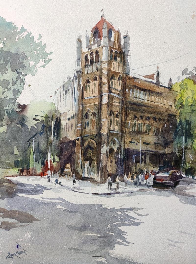 Cityscape watercolor painting titled 'Mumbai', 15x11 inches, by artist Sagar Palwe on Paper
