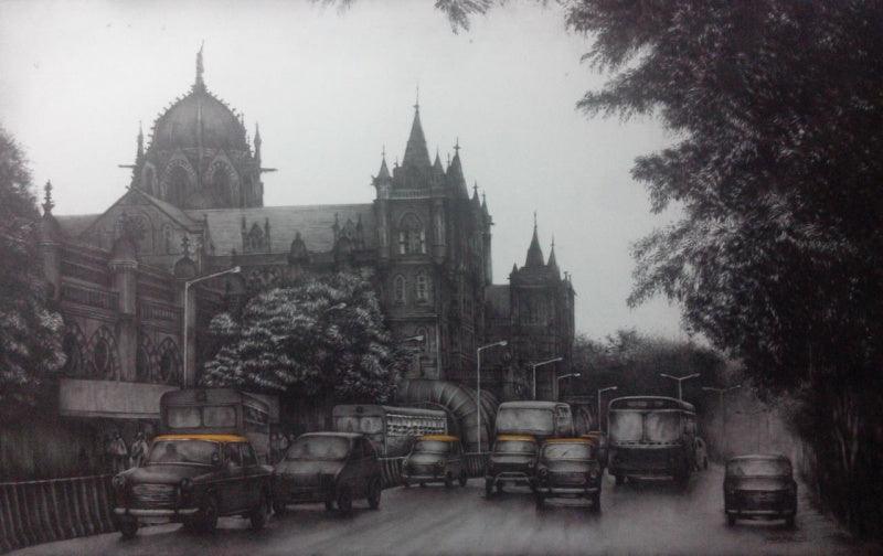Cityscape charcoal drawing titled 'Mumbai', 30x48 inches, by artist Yuvraj Patil on Canvas