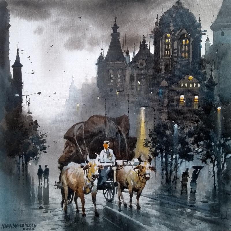Cityscape acrylic painting titled 'Mumbai', 12x12 inches, by artist NanaSaheb Yeole on Paper