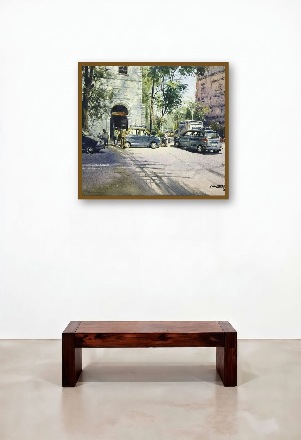 Mumbai Series 2 (A Busy Street in Mumbai) by artist Niketan Bhalerao displayed in a Mid-Century Modern Home Office