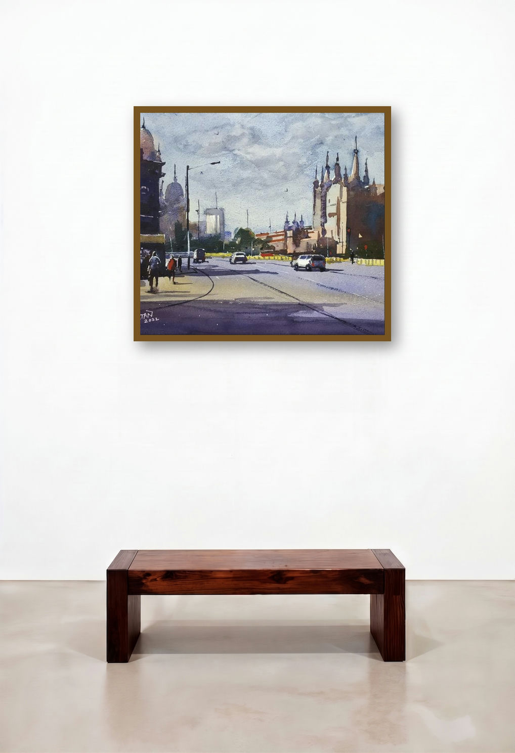 Mumbai Series 3 (A Busy Street in Mumbai) by artist Niketan Bhalerao displayed in a Minimalist Hotel Lobby