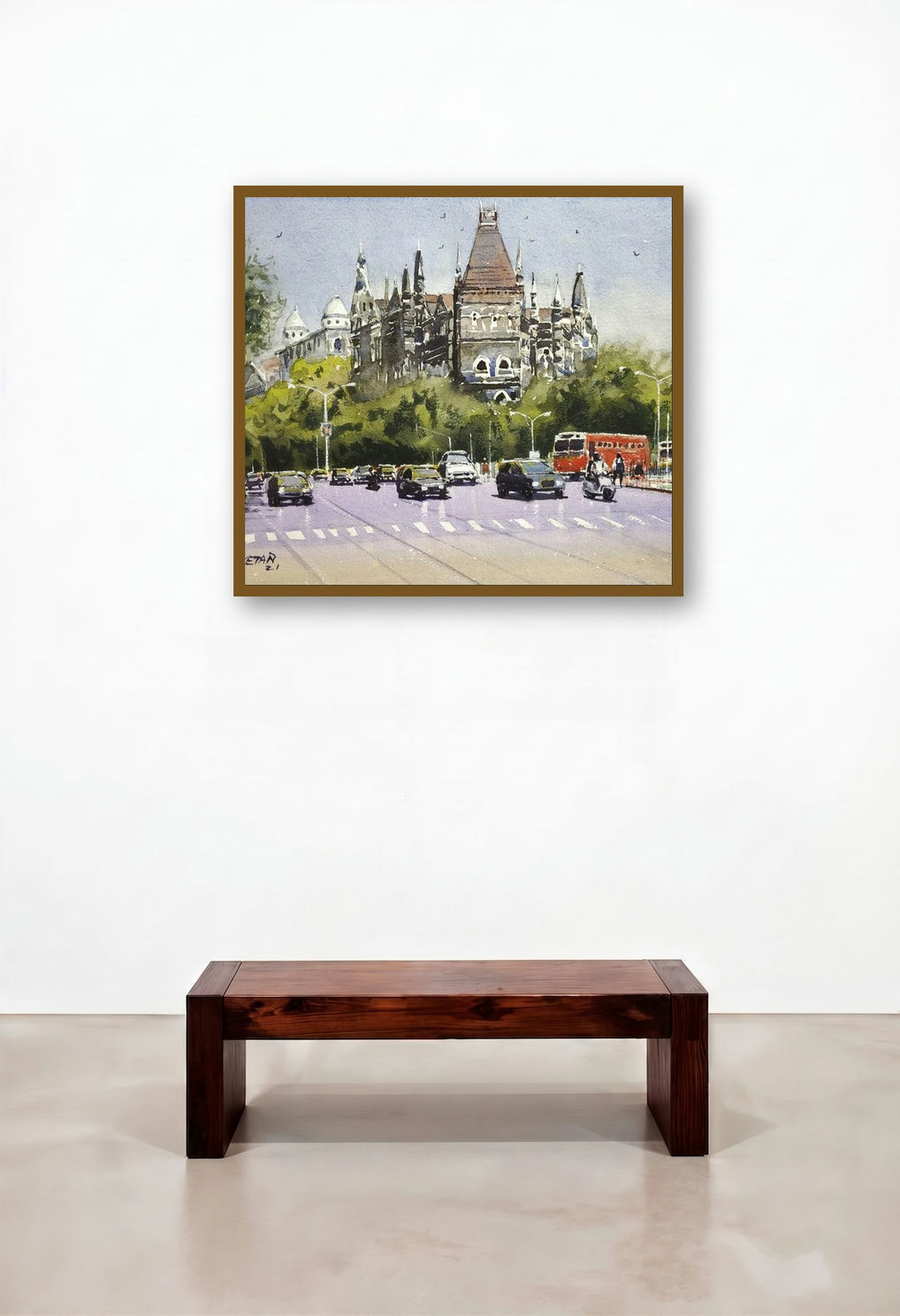 Mumbai Series 4 (Majestic Mumbai High Court) by artist Niketan Bhalerao displayed in a Japandi Reception Area