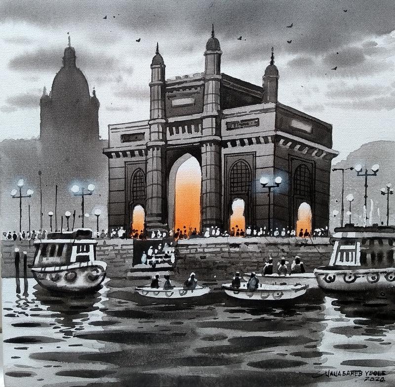 Cityscape acrylic painting titled 'Mumbai Series 5', 12x12 inches, by artist NanaSaheb Yeole on Canvas