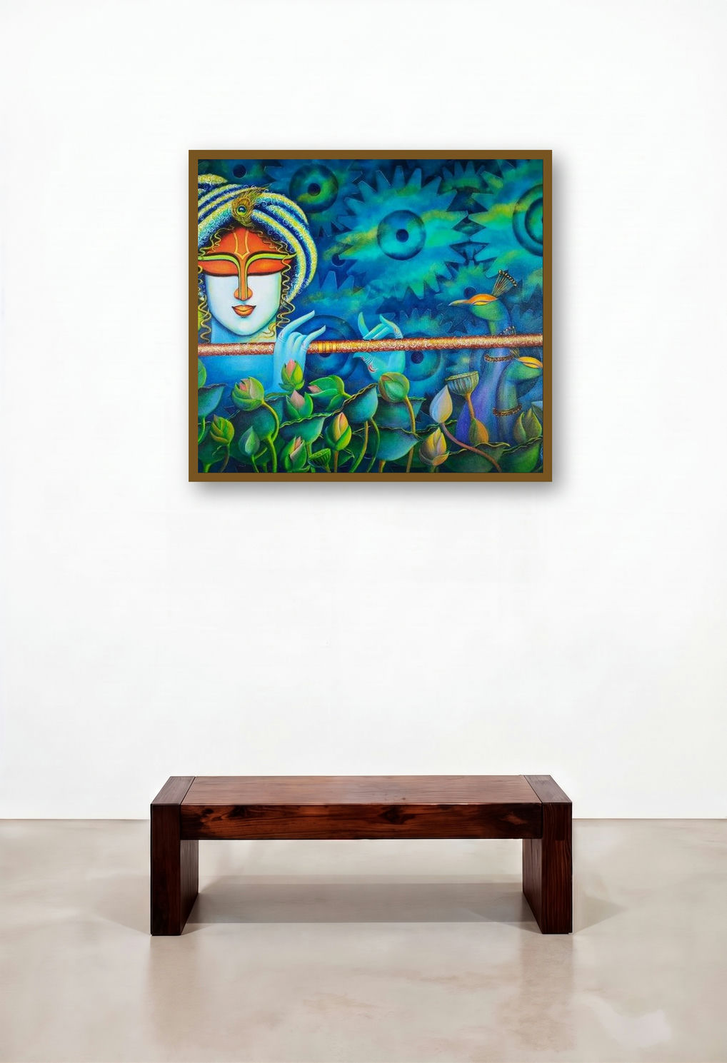 Muralidhar 2 (Krishna Flute Lotus Pond) (Krishna Lotus Symphony) by artist Susmita Mandal displayed in a Classic Living Room