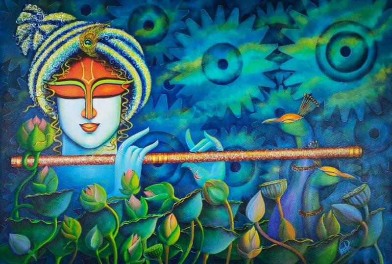 Religious acrylic painting titled 'Muralidhar 2', 32x48 inches, by artist Susmita Mandal on Canvas