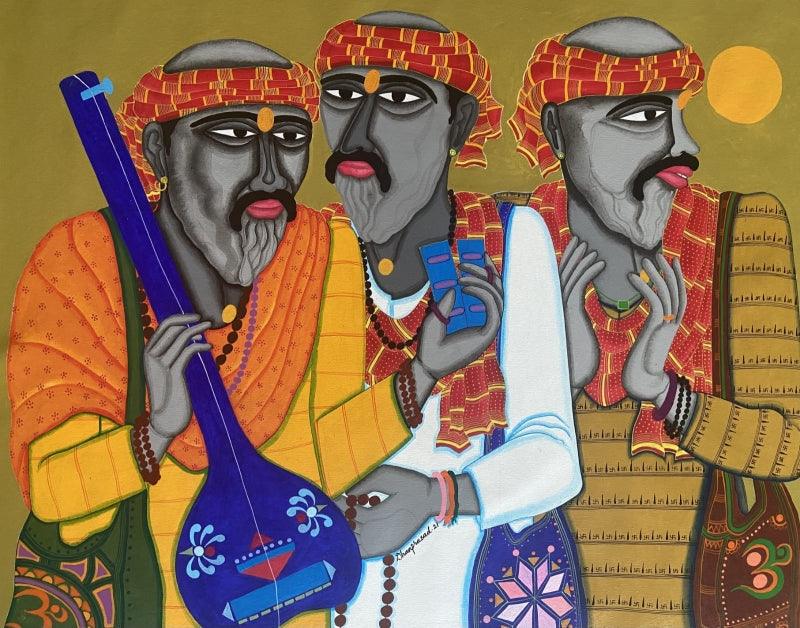 Figurative acrylic painting titled 'Musafir 2', 29x38 inches, by artist Dhan Prasad on Canvas