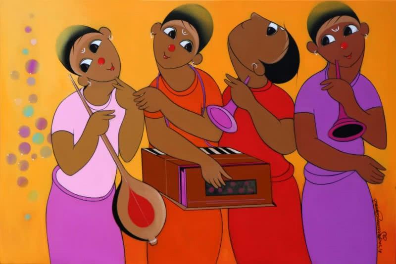 Figurative acrylic painting titled 'Music 1', 24x36 inches, by artist Dnyaneshwar Bembade on Canvas
