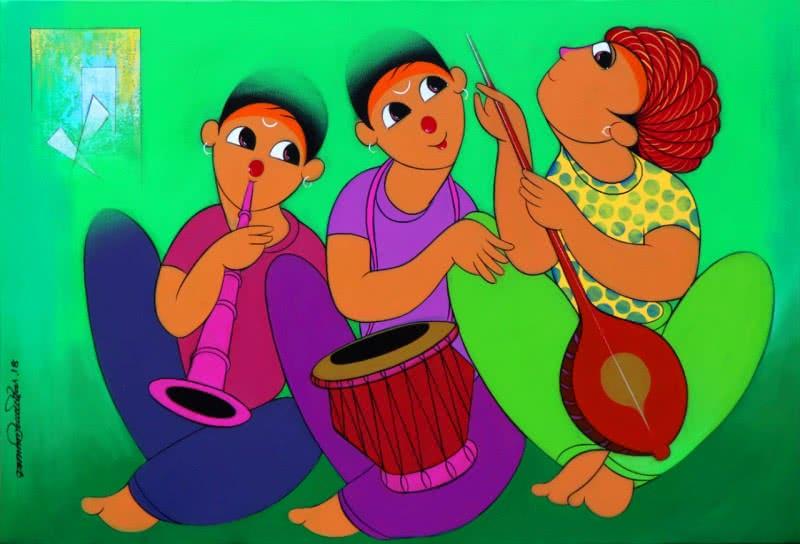 Figurative acrylic painting titled 'Music 2', 24x36 inches, by artist Dnyaneshwar Bembade on Canvas