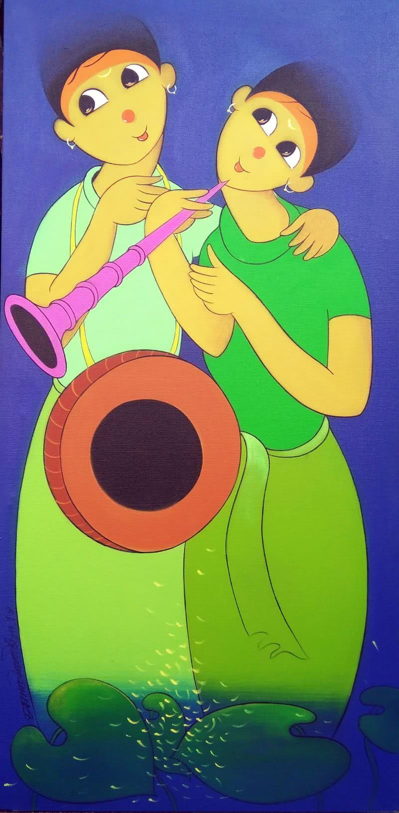 Figurative acrylic painting titled 'Music', 36x18 inches, by artist Dnyaneshwar Bembade on Canvas