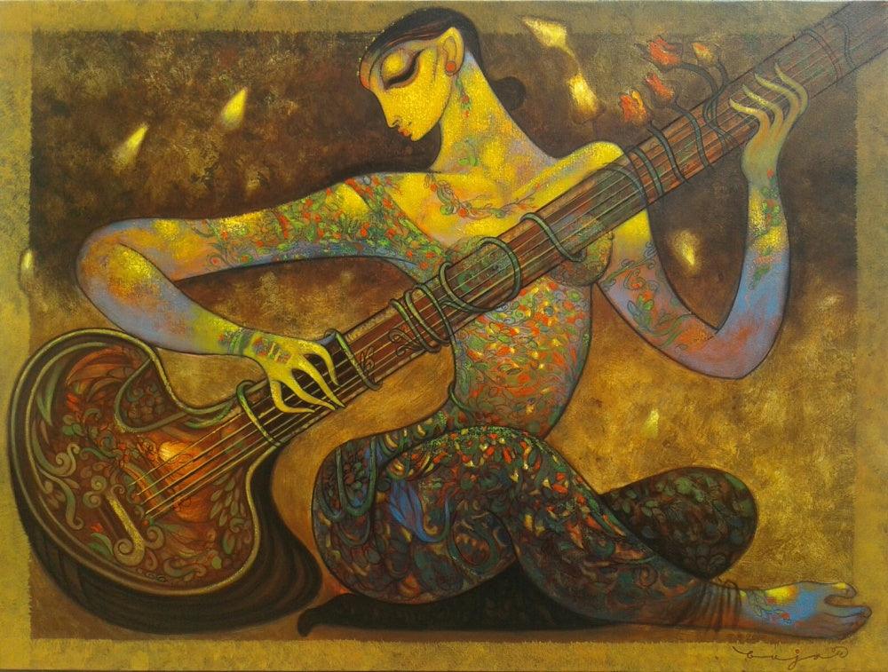 Figurative acrylic painting titled 'Music', 36x48 inches, by artist Ramesh Gujar on Canvas
