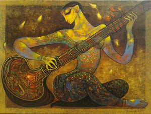 Figurative acrylic painting titled 'Music', 36x48 inches, by artist Ramesh Gujar on Canvas
