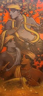 Religious acrylic painting titled 'Music Series 1', 60x24 inches, by artist Subrata Das on Canvas