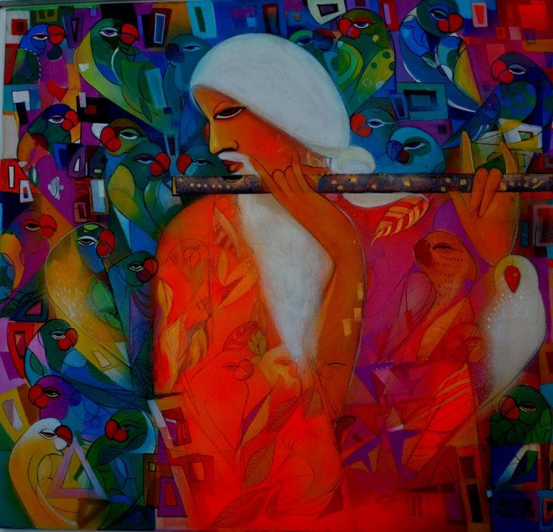 Figurative acrylic painting titled 'Music Within', 39x36 inches, by artist Madan Lal on Canvas