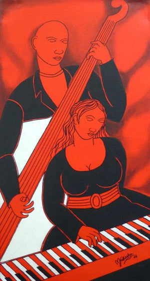 Figurative acrylic painting titled 'Musical Couple', 36x18 inches, by artist Mukesh on Canvas
